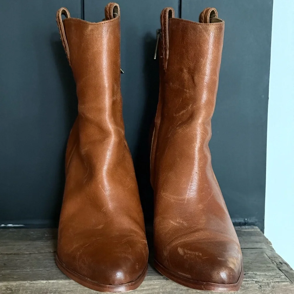 Sam Edelman Brown Leather Ankle Boots Block Heel Booties 8.5 Fall Vintage Style - Picture 2 of 10